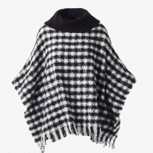 Chicos Woven Knit Poncho Sweater Womens S/M Black White Houndstooth Turtleneck